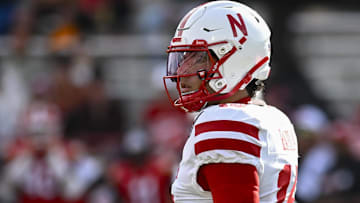 Oct 11, 2025; College Park, Maryland, USA;  Nebraska Cornhuskers quarterback Dylan Raiola (15) looks towards the sidelines during the game against the Maryland Terrapins at SECU Stadium. Mandatory Credit: Tommy Gilligan-Imagn Images