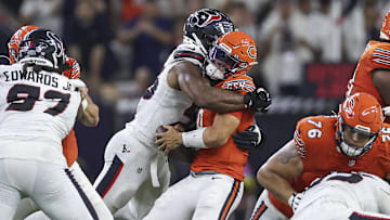 Danielle Hunter sacks Caleb Williams in Sunday night's Bears loss against the Texans.