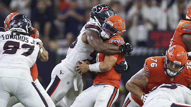 Sep 15, 2024; Houston, Texas, USA; Houston Texans defensive end Danielle Hunter (55) tackles Chicago Bears quarterback Caleb 