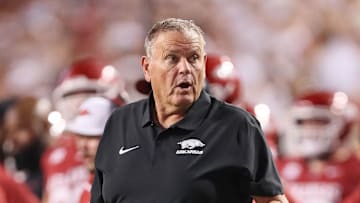 Oct 5, 2024; Fayetteville, Arkansas, USA; Arkansas Razorbacks head coach Sam Pittman during the second half against the Tennessee Volunteers at Donald W. Reynolds Razorback Stadium. Arkansas won 19-14. Mandatory Credit: Nelson Chenault-Imagn Images