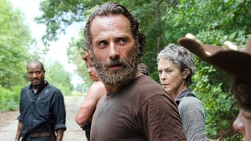 Seth Gilliam as Father Gabriel, Andrew Lincoln as Rick Grimes, Melissa McBride as Carol Peletier and Chandler Riggs as Carl Grimes - The Walking Dead _ Season 5, Episode 10 - Photo Credit: Gene Page/AMC