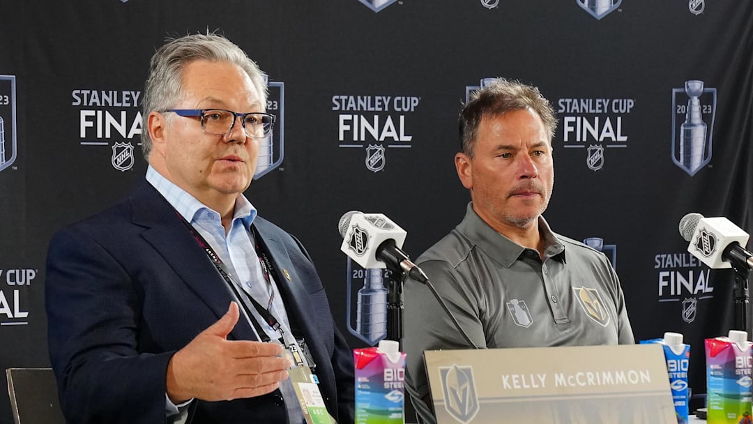 Jun 2, 2023; Las Vegas, Nevada, USA; Vegas Golden Knights general manager Kelly McCrimmon and Vegas Golden Knights head coach Bruce Cassidy take questions during media day in advance of the 2023 Stanley Cup Final. Mandatory Credit: Stephen R. Sylvanie-Imagn Images