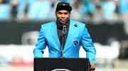 Oct 6, 2019; Charlotte, NC, USA; Carolina Panthers former wide receiver Steve Smith Sr. speaks during the Hall of Honor ceremony during halftime against the Jacksonville Jaguars at Bank of America Stadium. 