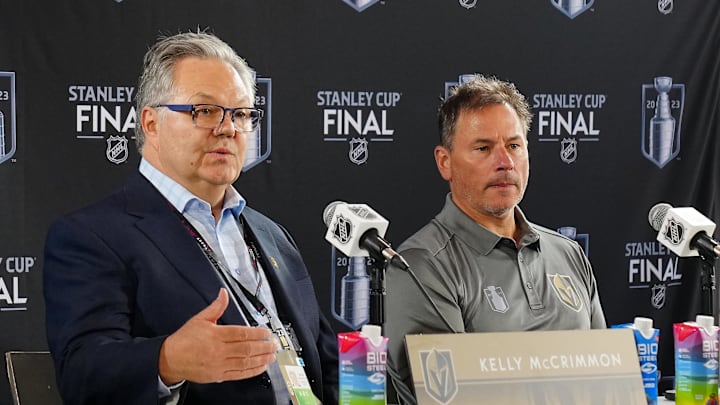 Jun 2, 2023; Las Vegas, Nevada, USA; Vegas Golden Knights general manager Kelly McCrimmon and Vegas Golden Knights head coach Bruce Cassidy take questions during media day in advance of the 2023 Stanley Cup Final. Mandatory Credit: Stephen R. Sylvanie-Imagn Images