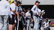 Oct 4, 2025; Tucson, Arizona, USA; Oklahoma State Cowboys interim head coach Doug Meacham watches game play against the Arizona Wildcats during the second quarter at Arizona Stadium. Mandatory Credit: Aryanna Frank-Imagn Images