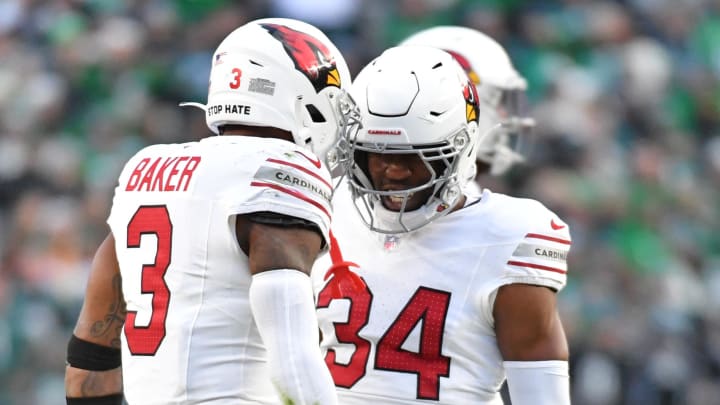 Dec 31, 2023; Philadelphia, Pennsylvania, USA; Arizona Cardinals safety Budda Baker (3) and safety Jalen Thompson (34) celebrate against the Philadelphia Eagles at Lincoln Financial Field. Mandatory Credit: Eric Hartline-USA TODAY Sports