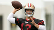 Jul 24, 2025; Santa Clara, CA, USA; San Francisco 49ers quarterback Brock Purdy (13) throws a pass during drills on the second day of training camp. Mandatory Credit: D. Ross Cameron-Imagn Images