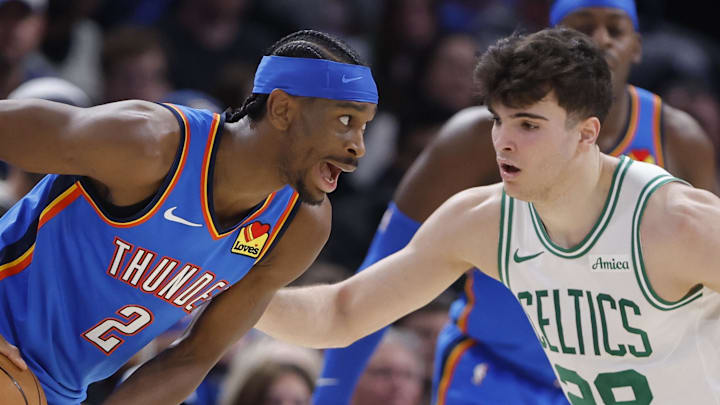 Mar 12, 2026; Oklahoma City, Oklahoma, USA; Oklahoma City Thunder guard Shai Gilgeous-Alexander (2) moves the ball against Boston Celtics guard Hugo González (28) during the fourth quarter at Paycom Center. Mandatory Credit: Alonzo Adams-Imagn Images