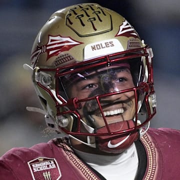 Nov 1, 2025; Tallahassee, Florida, USA; Florida State Seminoles quarterback Tommy Castellanos (1) celebrates a touchdown during the second half against the Wake Forest Demon Deacons at Doak S. Campbell Stadium. Mandatory Credit: Melina Myers-Imagn Images