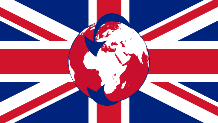the Transglobe Expedition's flag design, showing a globe with an arrow circling it against the Union Jack flag