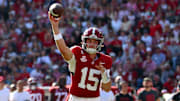 Nov 22, 2025; Tuscaloosa, Alabama, USA; Alabama Crimson Tide quarterback Ty Simpson (15) passes the ball during the first half against the Eastern Illinois Panthers at Saban Field at Bryant-Denny Stadium. Mandatory Credit: David Leong-Imagn Images
