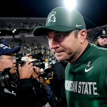 Michigan State's head coach Jonathan Smith leaves the field after the Spartans loss to Michigan after the game on Saturday, Oct. 25, 2025, at Spartan Stadium in East Lansing.