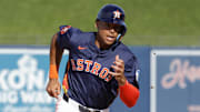 Feb 22, 2025; West Palm Beach, Florida, USA; Houston Astros infielder Cam Smith rounds second base in the ninth inning against the Washington Nationals at CACTI Park of the Palm Beaches.
