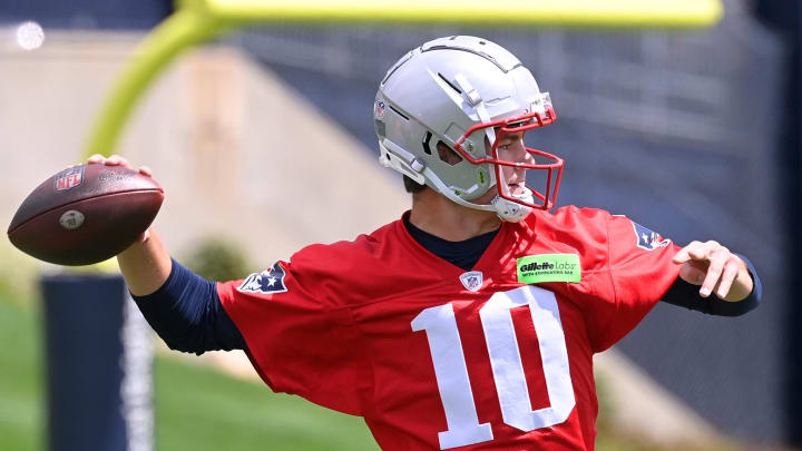 May 11, 2024; Foxborough, MA, USA; New England Patriots quarterback Drake Maye (10) throws a pass at the New England Patriots rookie camp at Gillette Stadium.  Mandatory Credit: Eric Canha-USA TODAY Sports