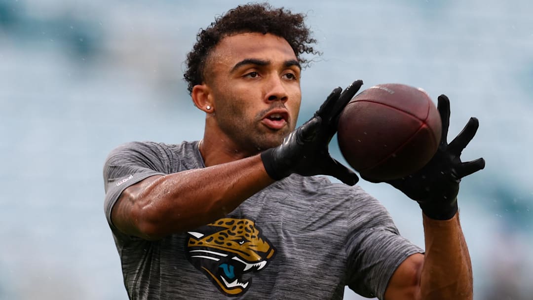 Oct 6, 2024; Jacksonville, Florida, USA; Jacksonville Jaguars wide receiver Christian Kirk (13) warms up before a game against the Indianapolis Colts at EverBank Stadium. Mandatory Credit: Nathan Ray Seebeck-Imagn Images