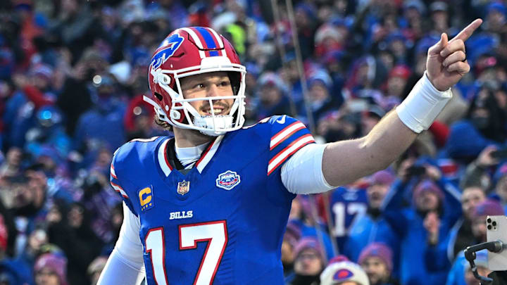 Jan 4, 2026; Orchard Park, New York, USA; Buffalo Bills quarterback Josh Allen (17) enters the field before a game against the New York Jets at Highmark Stadium. Mandatory Credit: Mark Konezny-Imagn Images