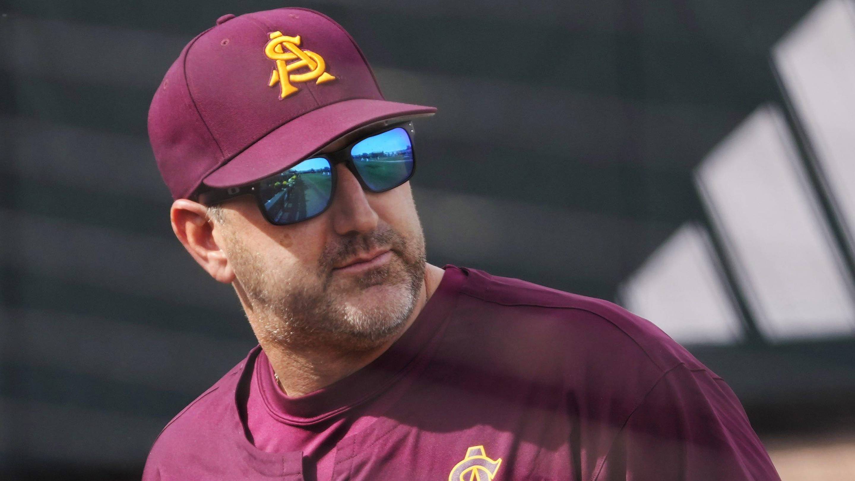 Arizona State manager Willie Bloomquist calls for a replay against Ohio State during the first inning at Phoenix Municipal Stadium on Feb. 16, 2025. | Michael Chow/The Republic / USA TODAY NETWORK via Imagn Images