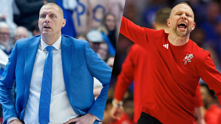 Kentucky basketball coach Mark Pope and Louisville basketball coach Pat Kelsey at the 2024 Battle of the Bluegrass game.