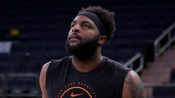 Mar 15, 2026; New York, New York, USA; New York Knicks center Mitchell Robinson (23) warms up before a game against the Golden State Warriors at Madison Square Garden. Mandatory Credit: Brad Penner-Imagn Images