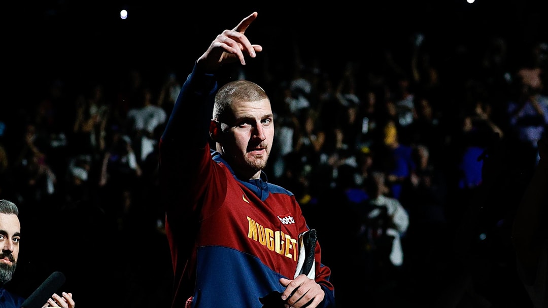 May 11, 2025; Denver, Colorado, USA; Denver Nuggets center Nikola Jokic (15) is introduced before game four against the Oklahoma City Thunder in the second round of the 2025 NBA Playoffs at Ball Arena. Mandatory Credit: Isaiah J. Downing-Imagn Images