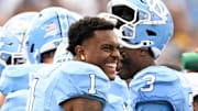Sep 7, 2024; Chapel Hill, North Carolina, USA; North Carolina Tar Heels wide receiver Jordan Shipp (1) duirng a time out in the second quarter at Kenan Memorial Stadium. 