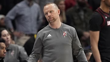 Mar 15, 2025; Charlotte, NC, USA; Louisville Cardinals head coach Pat Kelsey reacts after losing the 2025 ACC Conference Championship game against the Duke Blue Devils at Spectrum Center. Mandatory Credit: Jim Dedmon-Imagn Images