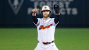 Oregon State's Canon Reeder (23) celebrates hitting a double during an NCAA college baseball game at Goss Stadium on Friday, March 7, 2025, in Corvallis, Ore.