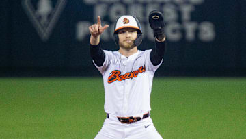Oregon State's Canon Reeder (23) celebrates hitting a double during an NCAA college baseball game at Goss Stadium on Friday, March 7, 2025, in Corvallis, Ore.