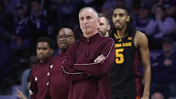 Arizona State Sun Devils head coach Bobby Hurley looks on during the second half against the Kansas State Wildcats at Bramlage Coliseum on Sunday, Feb. 23.