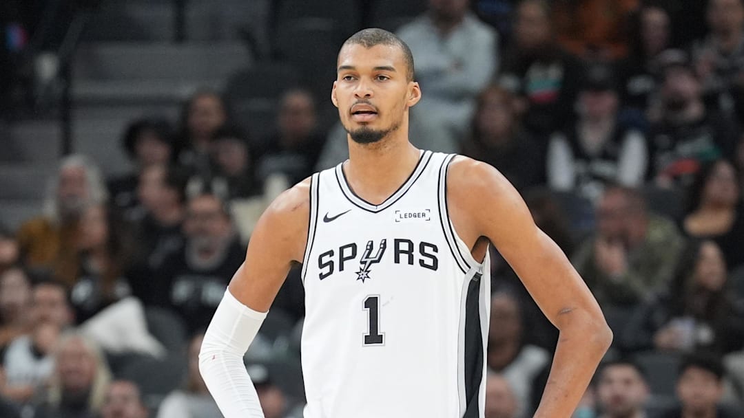 Feb 1, 2026; San Antonio, Texas, USA;  San Antonio Spurs forward Victor Wembanyama (1) looks up the court in the first half against the Orlando Magic at Frost Bank Center. Mandatory Credit: Daniel Dunn-Imagn Images