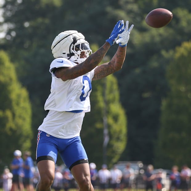 Bills wide receiver Keon Coleman pulls in a pass during day six of Buffalo Bills training camp at St. John Fisher Universit