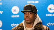 Dec 16, 2016; Philadelphia, PA, USA; Philadelphia 76ers great Allen Iverson speaks to the media prior to a halftime ceremony honoring his hall of fame induction before a game against the Los Angeles Lakers at Wells Fargo Center. Mandatory Credit: Bill Streicher-Imagn Images
