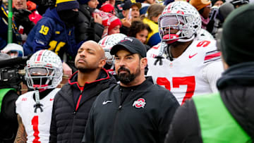 Ohio State Buckeyes head coach Ryan Day prepares to take the field before the the NCAA football game against the Michigan Wolverines at Michigan Stadium on Saturday, Nov. 29, 2025 in Ann Arbor, Michigan.