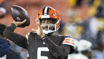 Nov 21, 2024; Cleveland, Ohio, USA; Cleveland Browns quarterback Jameis Winston (5) throws the ball during warm ups before the game against the Pittsburgh Steelers at Huntington Bank Field Stadium. Mandatory Credit: Scott Galvin-Imagn Images