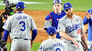 The Los Angeles Dodgers celebrate with pitcher Michael Kopech (45) after defeating the New York Yankees in game three of the 2024 MLB World Series at Yankee Stadium on Oct. 28, 2024.