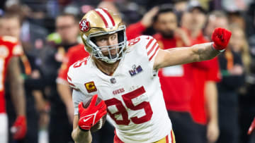 Feb 11, 2024; Paradise, Nevada, USA; San Francisco 49ers tight end George Kittle (85) against the Kansas City Chiefs in Super Bowl LVIII at Allegiant Stadium. Mandatory Credit: Mark J. Rebilas-USA TODAY Sports