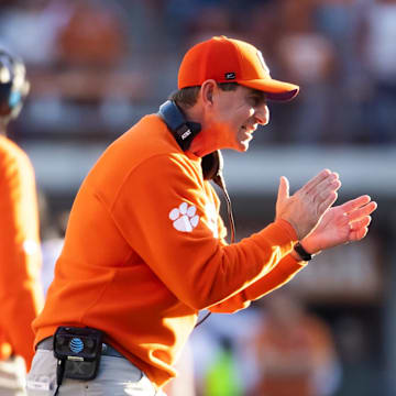 Dec 21, 2024; Austin, Texas, USA; Clemson Tigers head coach Dabo Swinney reacts against the Texas Longhorns during the CFP National playoff first round at Darrell K Royal-Texas Memorial Stadium.