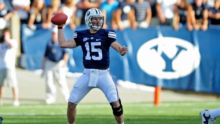 Sept. 19, 2009; Provo, UT, USA; BYU Cougars quarterback (15) Max Hall against the Florida State Seminoles at LaVell Edwards Stadium. Florida State defeated BYU 54-28.