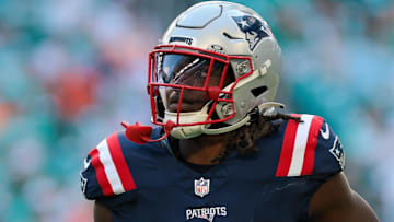 New England Patriots running back Rhamondre Stevenson (38) looks on against the Miami Dolphins during the fourth quarter at Hard Rock Stadium.