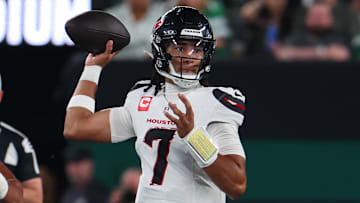 Oct 31, 2024; East Rutherford, New Jersey, USA; Houston Texans quarterback C.J. Stroud (7) throws a pass against the New York Jets during the first half at MetLife Stadium. Mandatory Credit: Ed Mulholland-Imagn Images