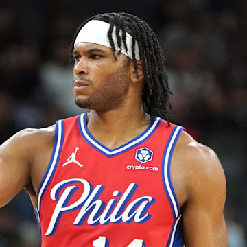 Mar 21, 2025; San Antonio, Texas, USA; Philadelphia 76ers guard Ricky Council IV (14) looks on during the fourth quarter against the San Antonio Spurs at Frost Bank Center. Mandatory Credit: Dustin Safranek-Imagn Images