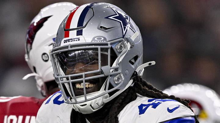 Nov 3, 2025; Arlington, Texas, USA; Dallas Cowboys defensive end Jadeveon Clowney (42) celebrates after he sacks Arizona Cardinals quarterback Jacoby Brissett (7) during the game between the Dallas Cowboys and the Arizona Cardinals at AT&T Stadium. Mandatory Credit: Jerome Miron-Imagn Images