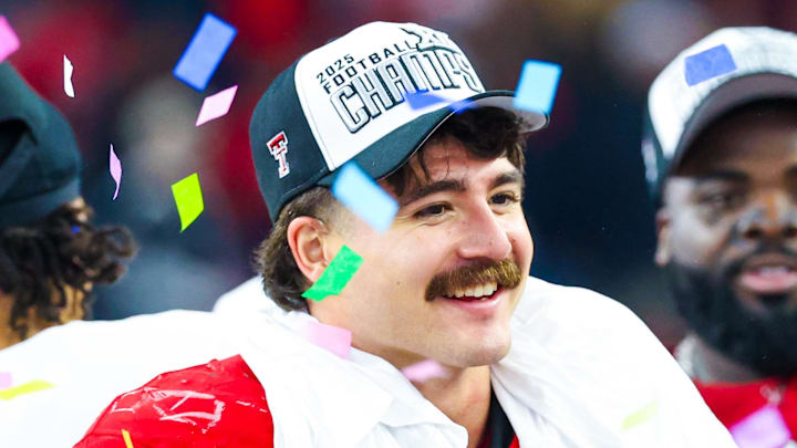 Dec 6, 2025; Arlington, TX, USA; Texas Tech Red Raiders linebacker Jacob Rodriguez (10) celebrates after the game against the BYU Cougars at AT&T Stadium. Mandatory Credit: Kevin Jairaj-Imagn Images