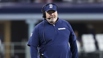 Nov 18, 2024; Arlington, Texas, USA; Dallas Cowboys head coach Mike McCarthy reacts during the first half against the Houston Texans at AT&T Stadium. Mandatory Credit: Kevin Jairaj-Imagn Images