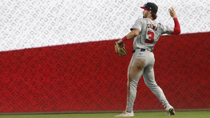 Sep 5, 2024; Pittsburgh, Pennsylvania, USA;  Washington Nationals right fielder Dylan Crews (3) throws in the outfield to warm up before the start of the third inning against the Pittsburgh Pirates at PNC Park. 