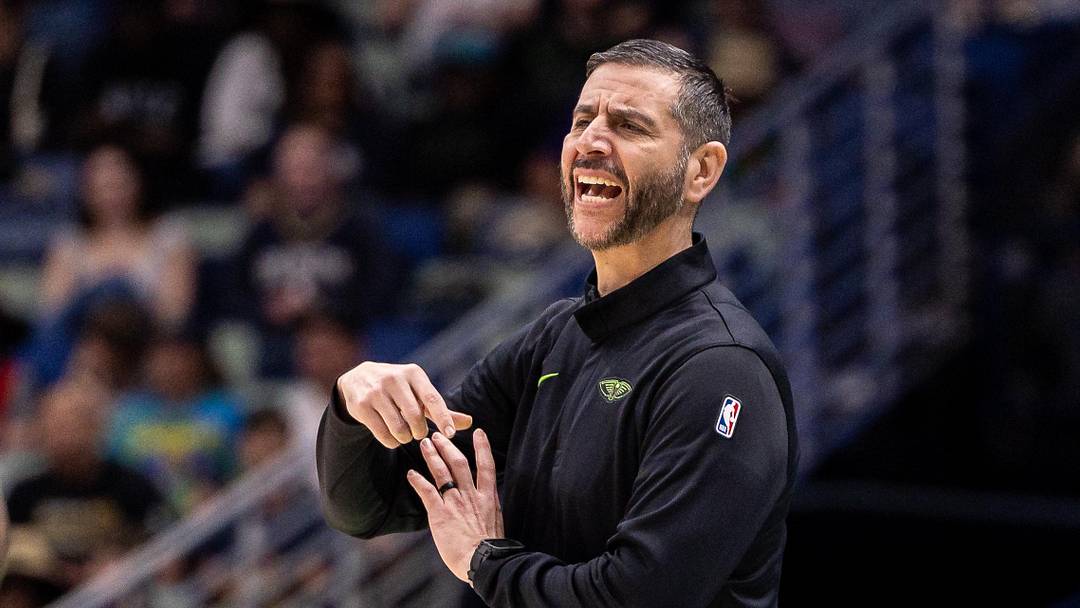 Apr 05, 2026; New Orleans, LA, USA; New Orleans Pelicans Interim Head Coach James Borrego reacts to a play against the Orlando Magic in the first half at Smoothie King Center. Mandatory Credit: Stephen Lew-Imagn Images