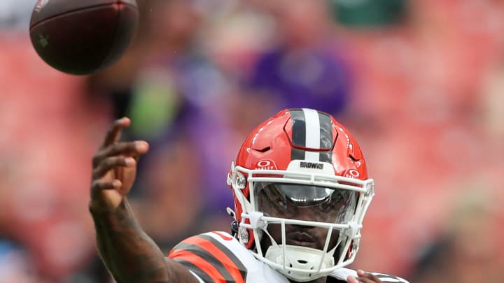 Cleveland Browns quarterback Tyler Huntley throws during the second half of an NFL preseason football game at Cleveland Browns Stadium, Saturday, Aug. 17, 2024, in Cleveland, Ohio.