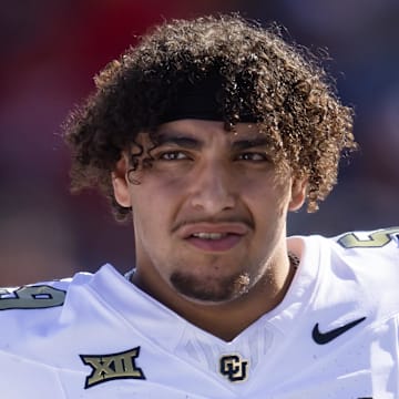 Oct 19, 2024; Tucson, Arizona, USA; Colorado Buffaloes guard Yahya Attia (59) against the Arizona Wildcats at Arizona Stadium. Mandatory Credit: Mark J. Rebilas-Imagn Images
