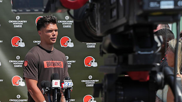 Cleveland Browns quarterback Dillon Gabriel (5) takes questions during a press conference before day two of NFL rookie minica