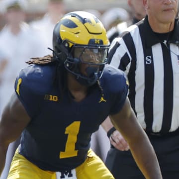 Sep 14, 2024; Ann Arbor, Michigan, USA;  Michigan Wolverines linebacker Jaishawn Barham (1) pursues a play on defense against the Arkansas State Red Wolves at Michigan Stadium. Mandatory Credit: Rick Osentoski-Imagn Images